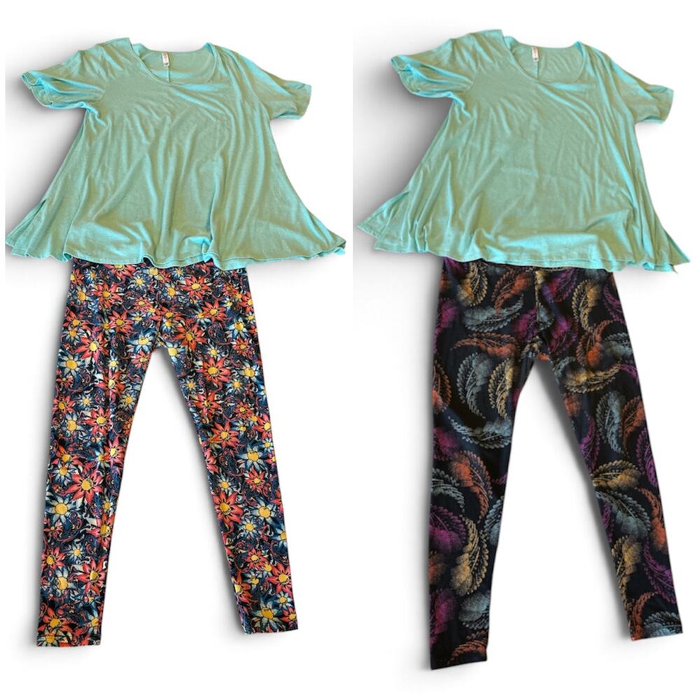 LuLaRoe Bundle 3 Pc: 2X Perfect Tee Shirt & 2 TC Leggings Floral & Feather Print